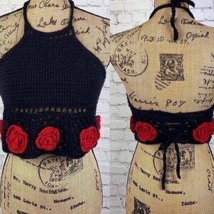 Black Crochet Rose Halter Top